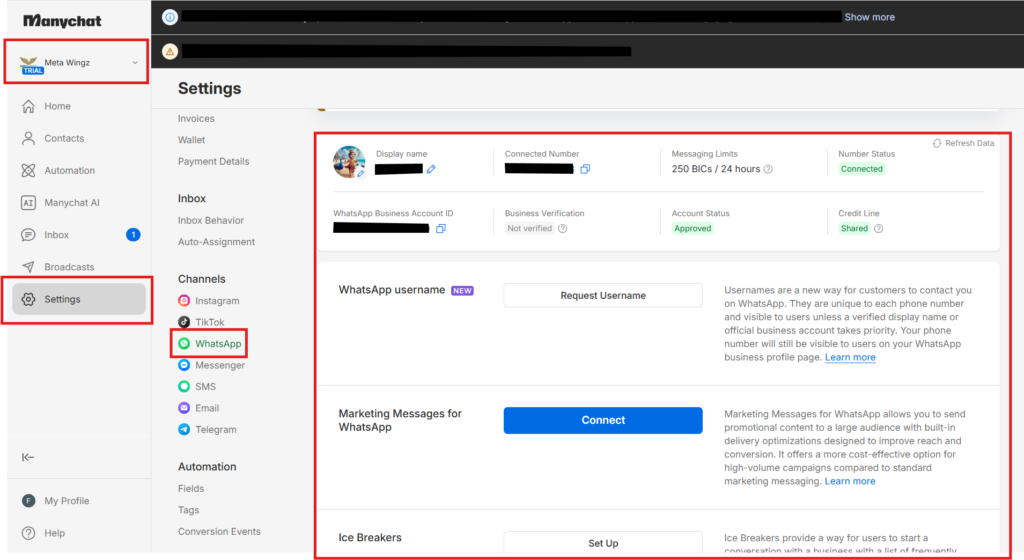 Manychat WhatsApp API 2026 channel settings screen showing WhatsApp connection status and setup requirements
