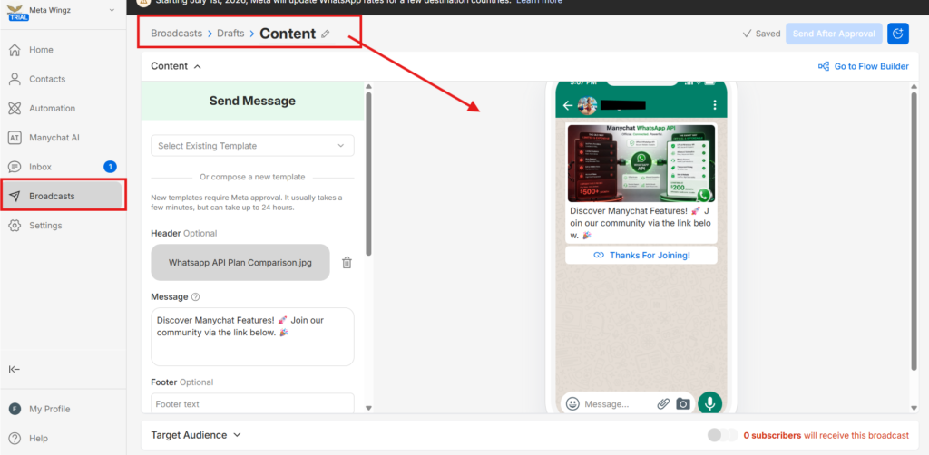 Manychat WhatsApp API 2026 broadcast composer showing Meta template selector for contacts outside the 24-hour session window