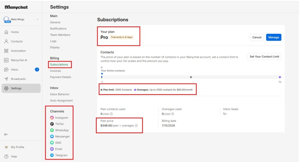 manychat free plan telegram channel picker 2026