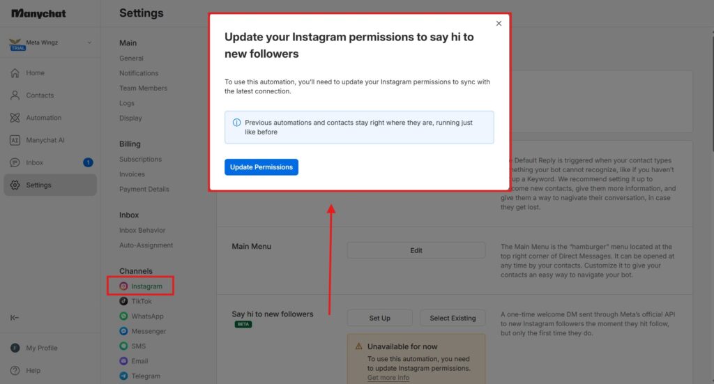 manychat follow to dm beta unavailable instagram permissions update 2026