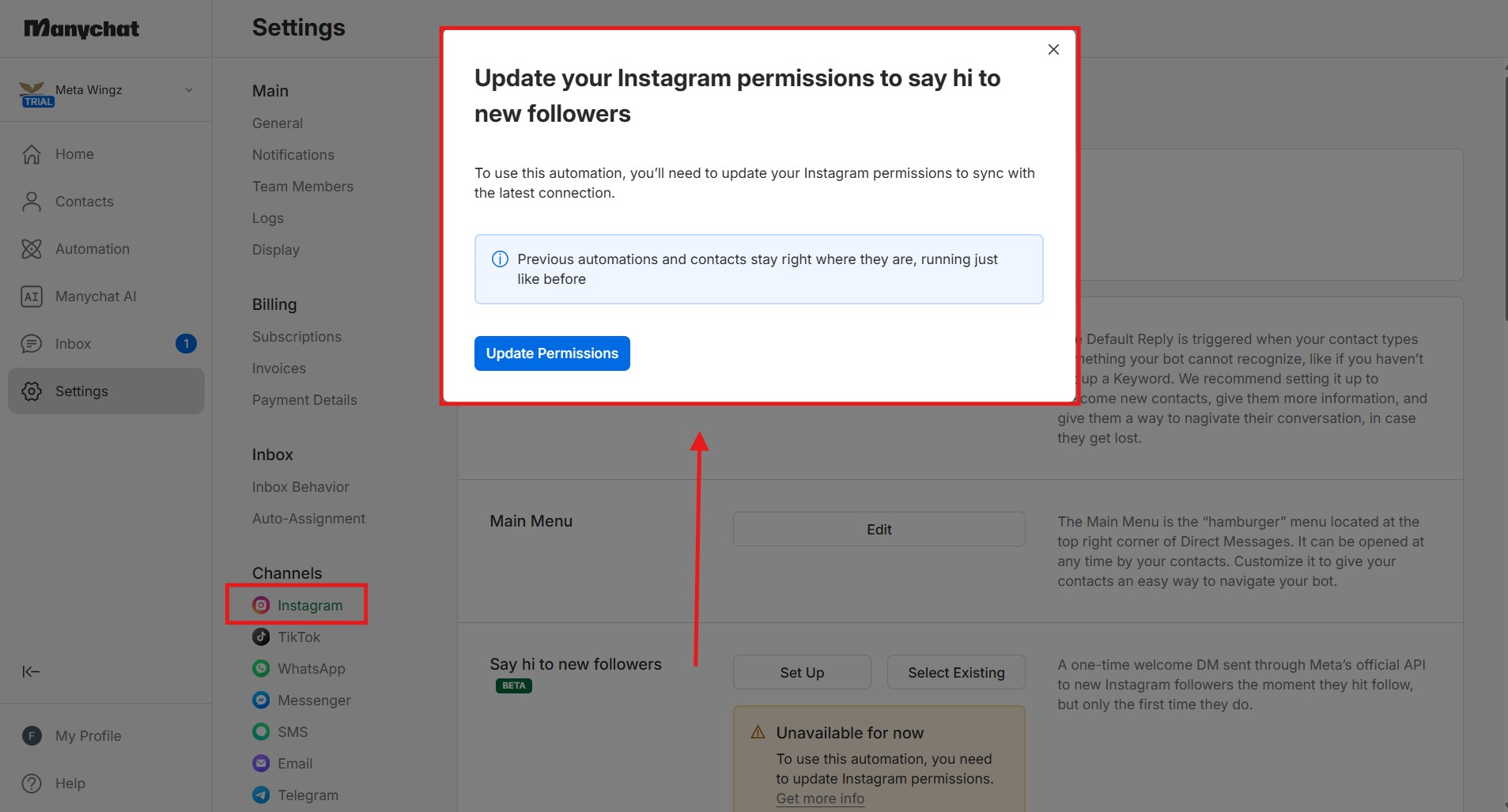 manychat follow to dm beta unavailable instagram permissions update 2026