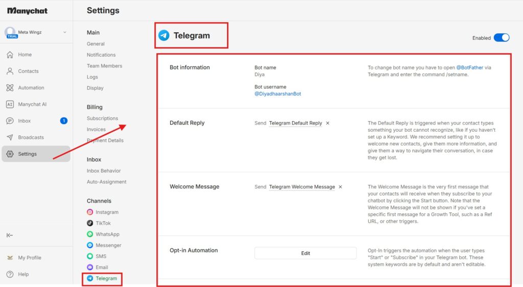 Connected Screen of Telegram through Settings