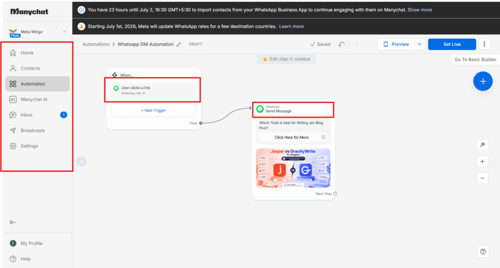 Manychat WhatsApp API image sending limitation screenshot
