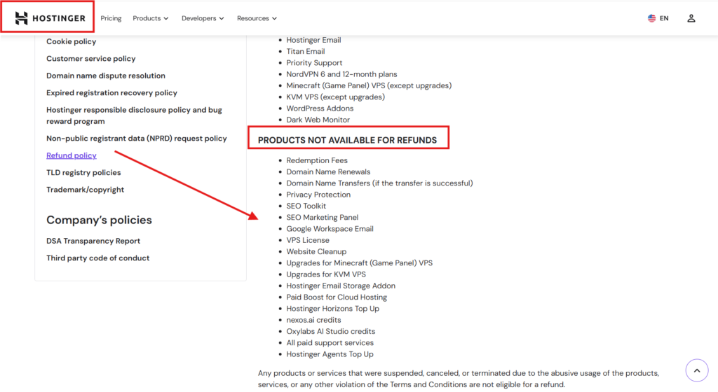 hostinger refund policy domain vs hosting 2026