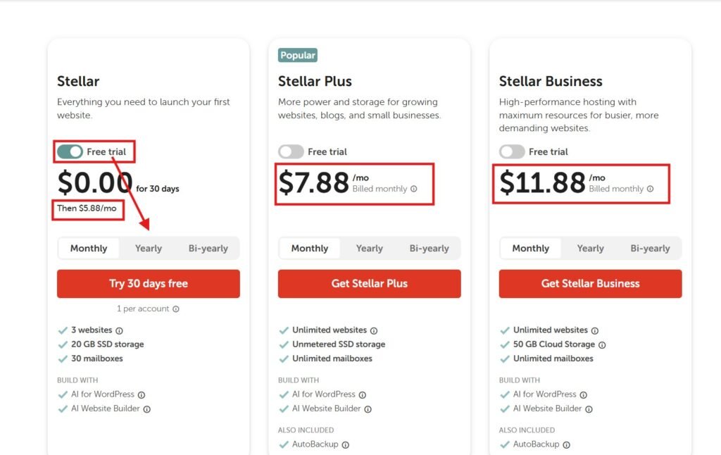 hostinger vs namecheap pricing pages side by side 2026