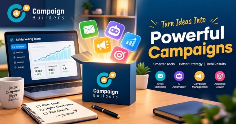 CampaignBuilders review banner showing autonomous AI marketing team dashboard